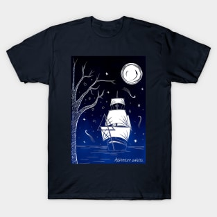 Adventure Awaits Enchanted Ship Linocut in Blue T-Shirt